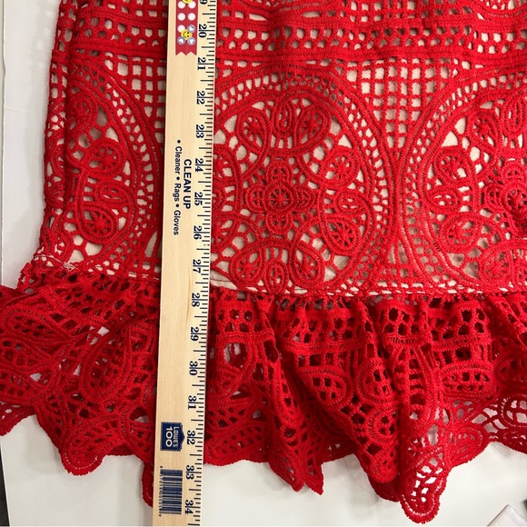 NWT Red Lace Strappy Crotchet Frill Hem Deep V Neck Dress Size Medium - Picture 11 of 12